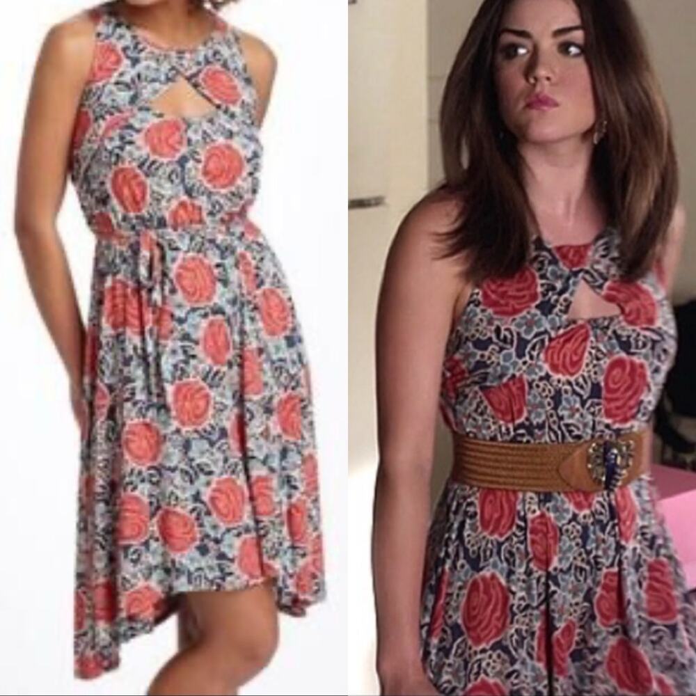 Anthropologie Lilka Womens Jersey Knit Dress Medium Red Rose Print Cutout Belted